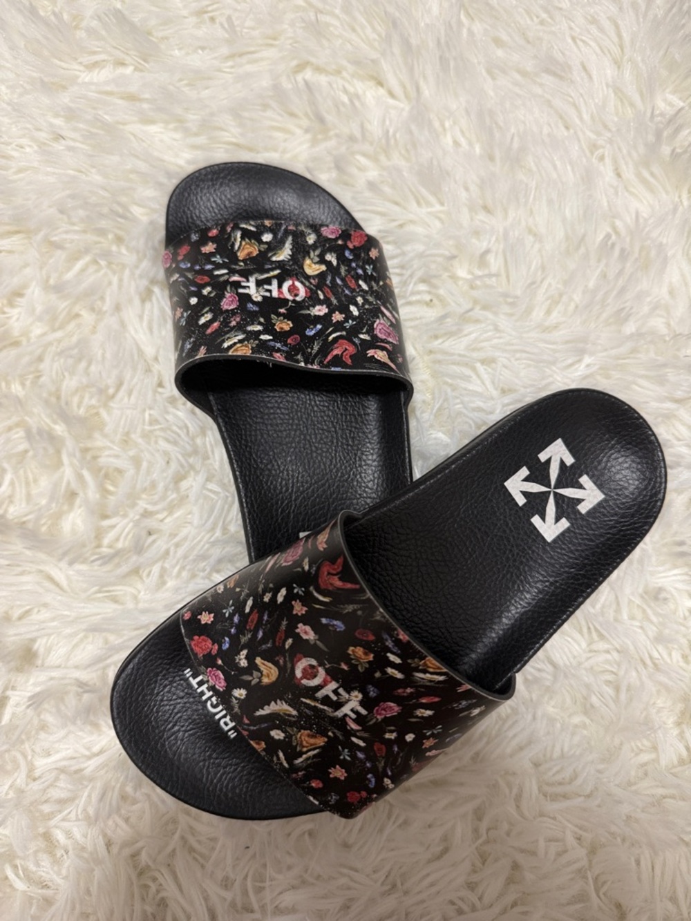 Off-White Black Floral Print Slide Sandals